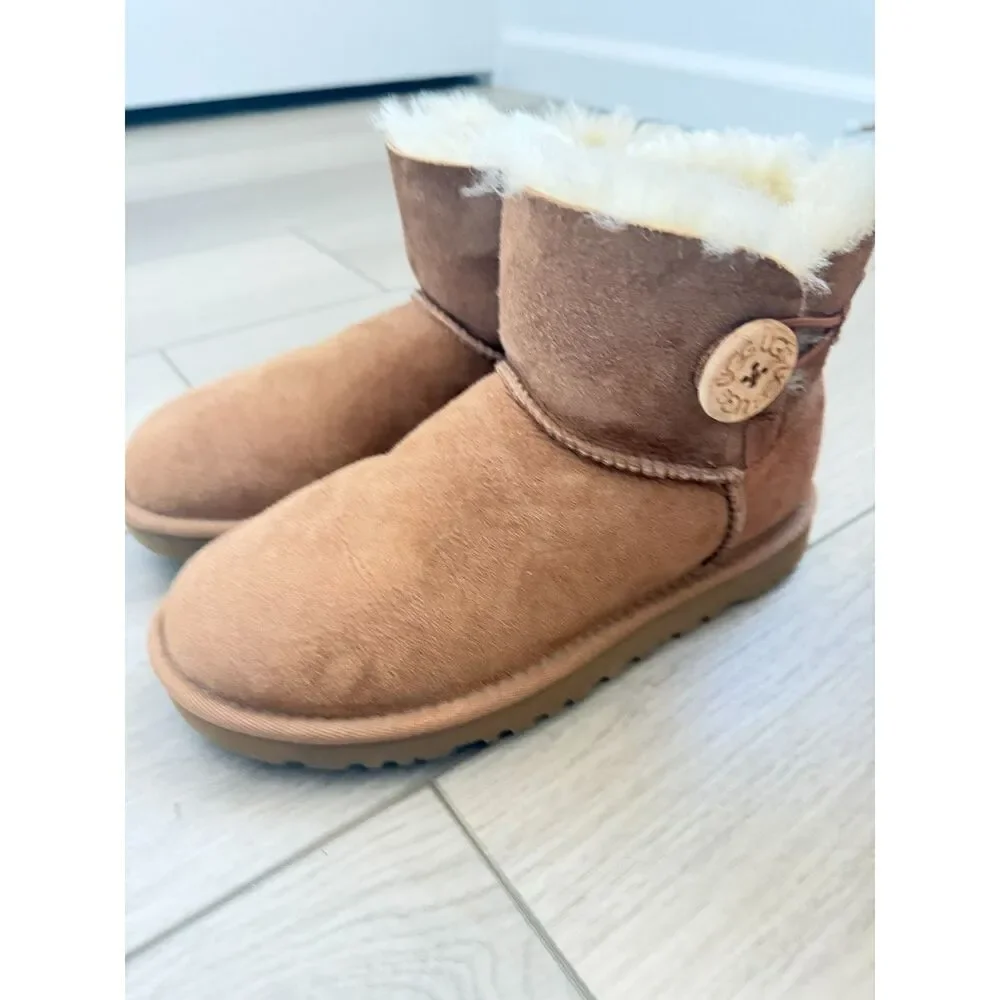 UGG Women's Mini Bailey Button II Chestnut Suede Shearling Boots